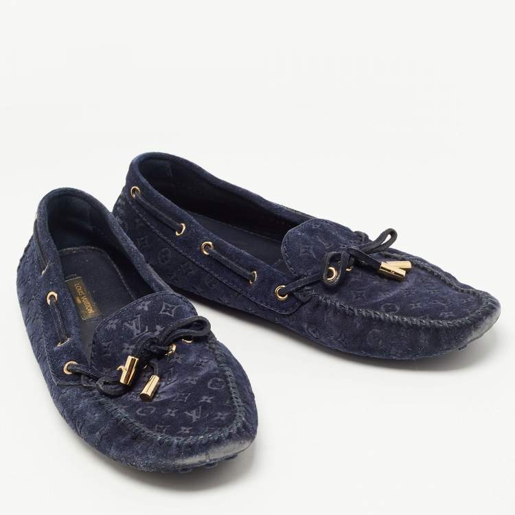 Pre Owned Louis Vuitton Navy Blue Monogram Embossed Suede Gloria Loafers Size 37.5