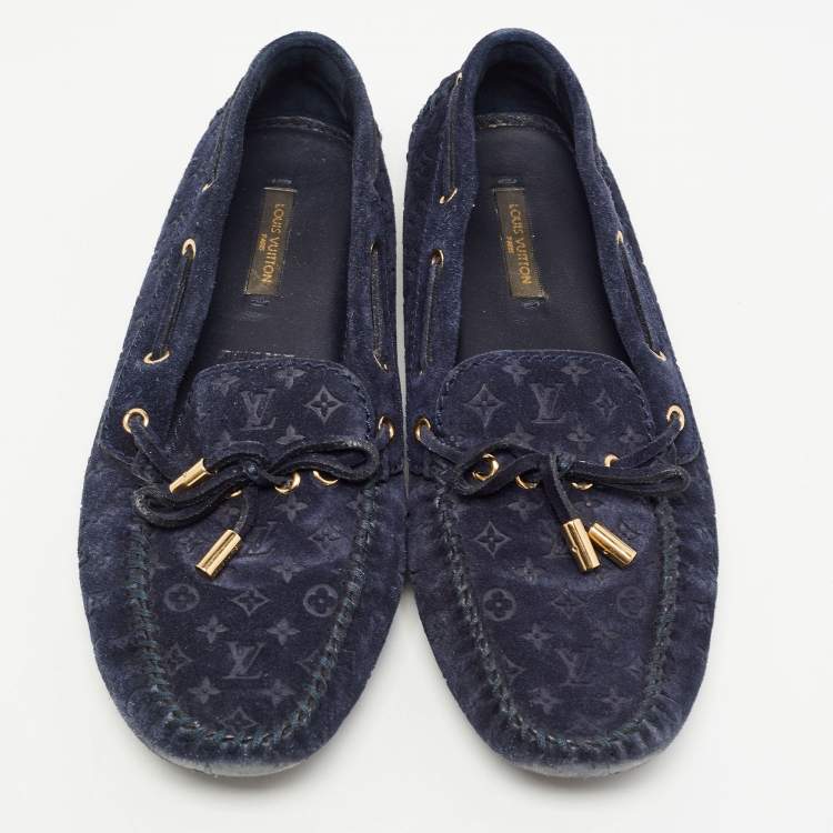 Pre Owned Louis Vuitton Navy Blue Monogram Embossed Suede Gloria Loafers Size 37.5