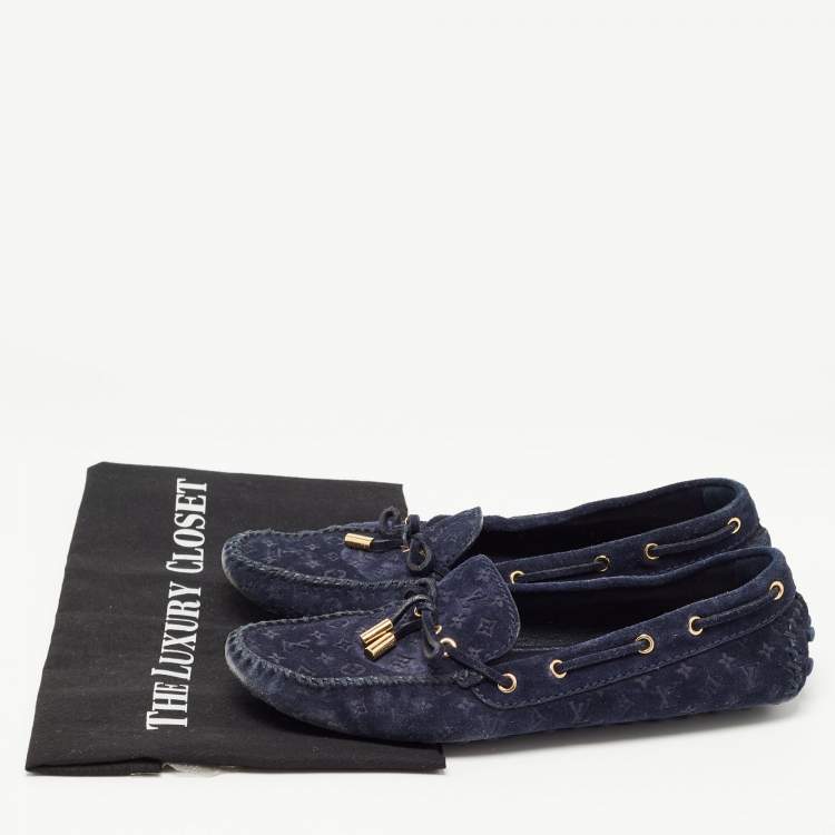 Pre Owned Louis Vuitton Navy Blue Monogram Embossed Suede Gloria Loafers Size 37.5