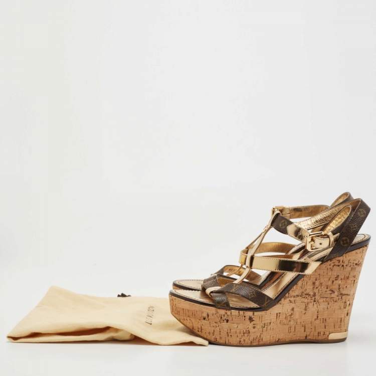 Pre Owned Louis Vuitton Gold/Brown Leather and Monogram Canvas Cork Wedge Strappy Sandals Size 38.5