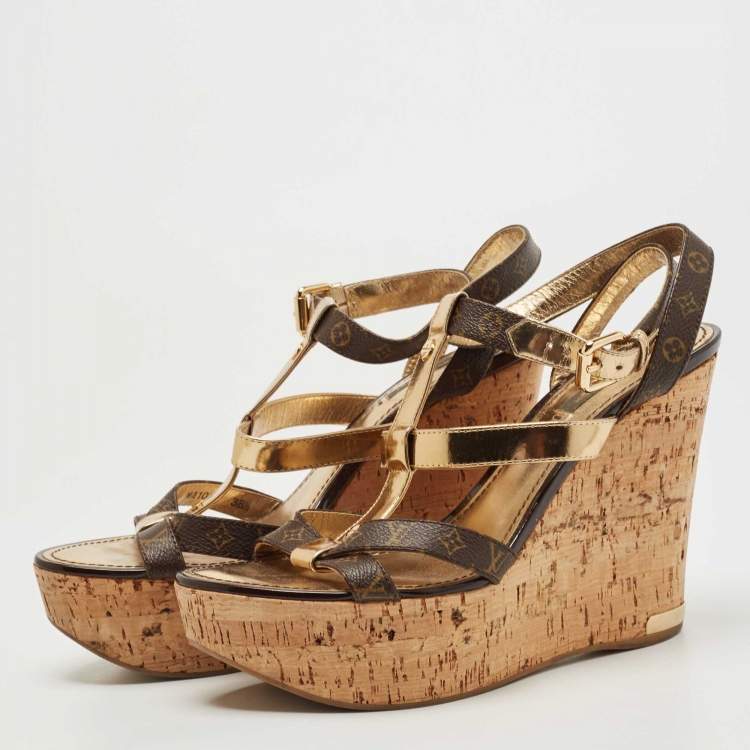 Louis Vuitton Gold/Brown Leather and Monogram Canvas Cork Wedge Strappy Sandals Size 38.5
