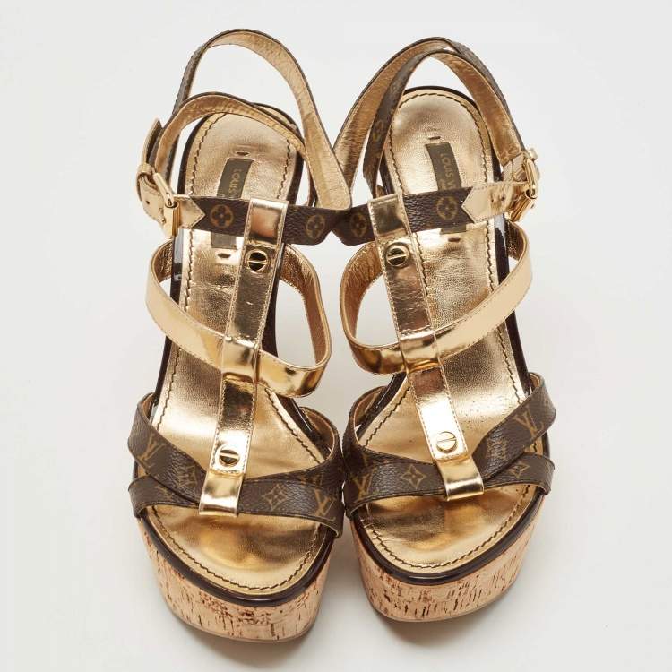 Pre Owned Louis Vuitton Gold/Brown Leather and Monogram Canvas Cork Wedge Strappy Sandals Size 38.5