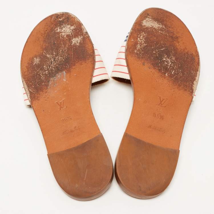 Pre Owned Louis Vuitton White Canvas Lock It Flat Slides Size 36.5