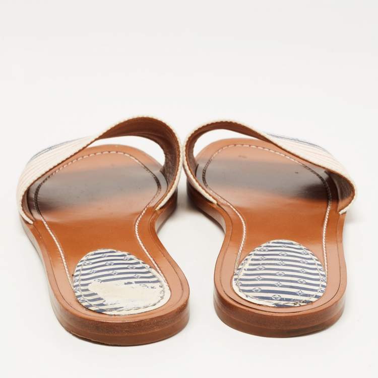 Pre Owned Louis Vuitton White Canvas Lock It Flat Slides Size 36.5