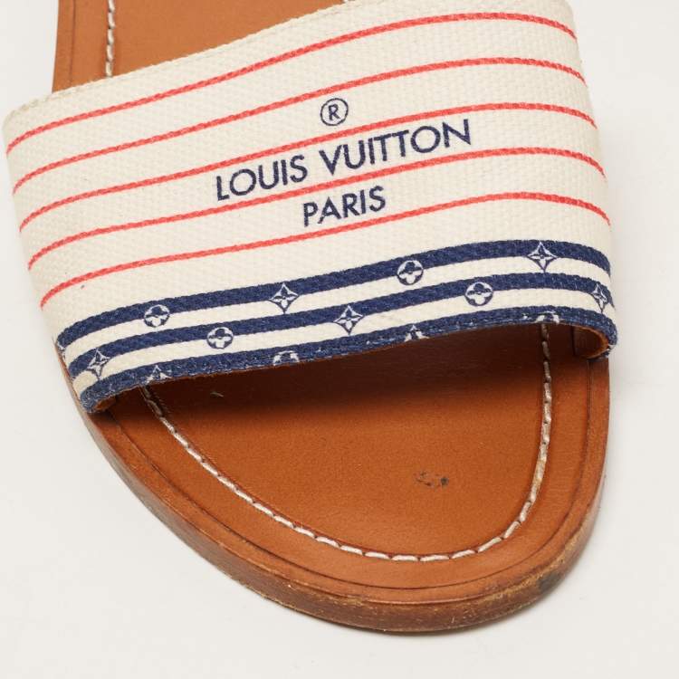 Pre Owned Louis Vuitton White Canvas Lock It Flat Slides Size 36.5