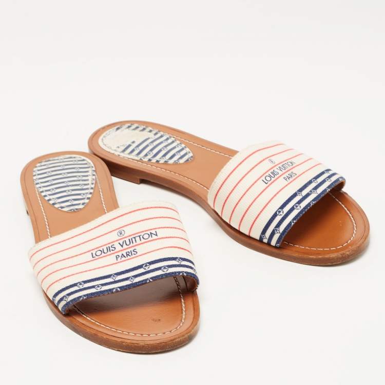 Pre Owned Louis Vuitton White Canvas Lock It Flat Slides Size 36.5