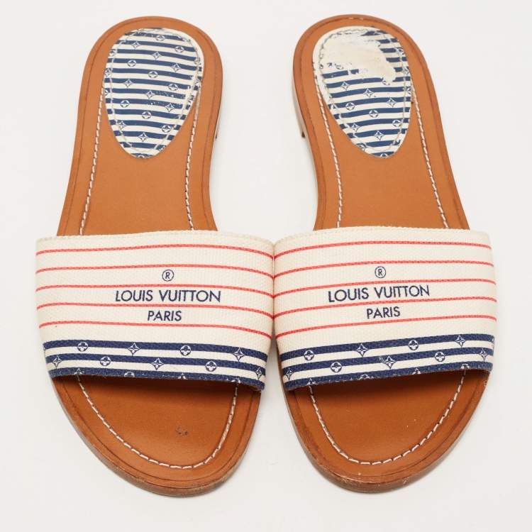 Pre Owned Louis Vuitton White Canvas Lock It Flat Slides Size 36.5