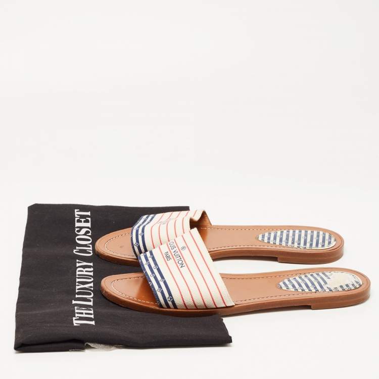 Pre Owned Louis Vuitton White Canvas Lock It Flat Slides Size 36.5