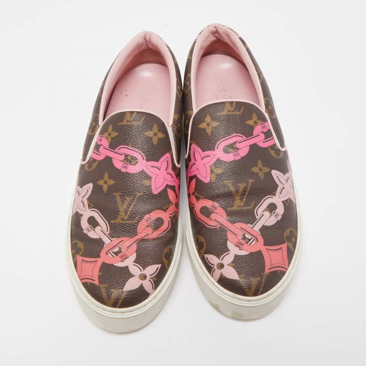 Pre Owned Louis Vuitton Brown Chain Print Monogram Canvas Harbor Sneakers Size 38.5