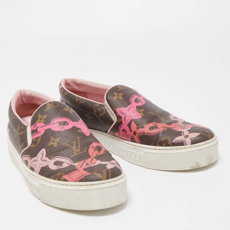 Pre Owned Louis Vuitton Brown Chain Print Monogram Canvas Harbor Sneakers Size 38.5
