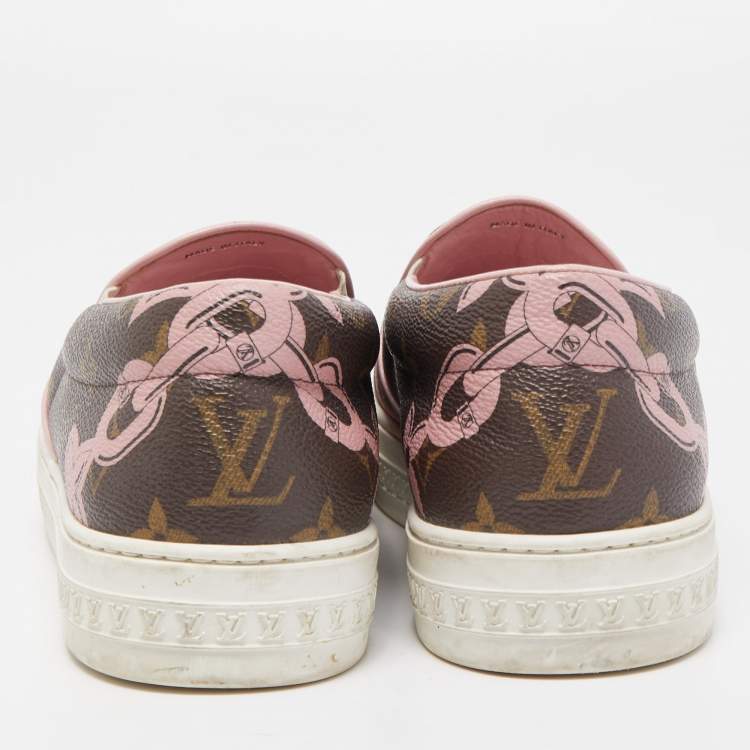 Pre Owned Louis Vuitton Brown Chain Print Monogram Canvas Harbor Sneakers Size 38.5