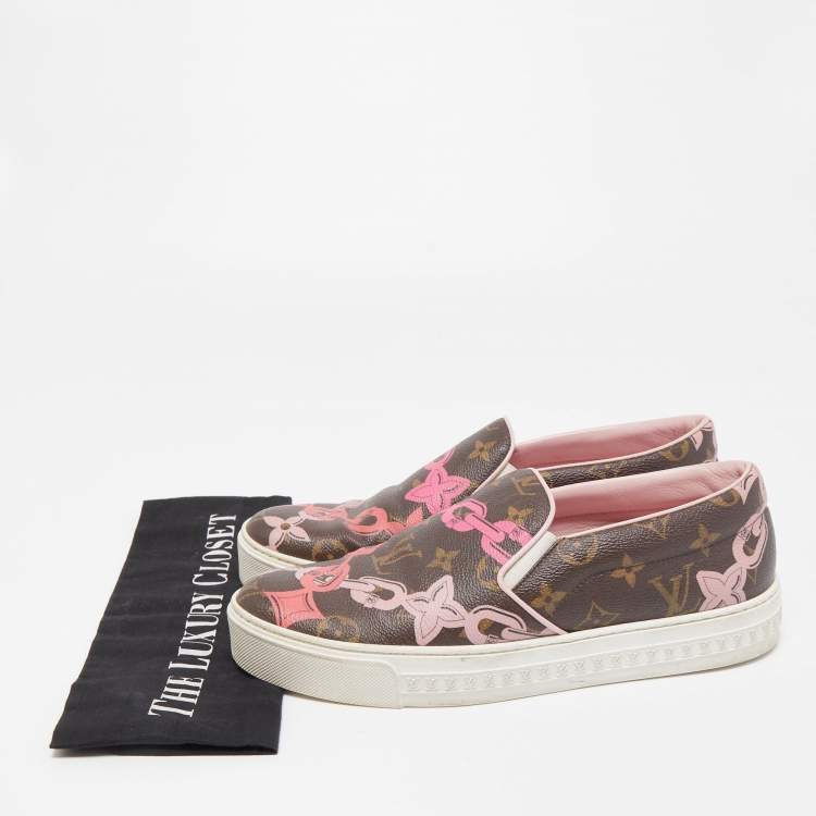 Pre Owned Louis Vuitton Brown Chain Print Monogram Canvas Harbor Sneakers Size 38.5