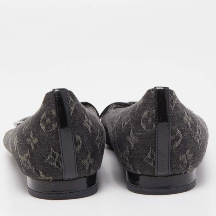Pre Owned Louis Vuitton Black Monogram Canvas and Patent Leather Bow Ballet Flats Size 37.5