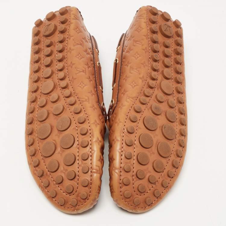 Pre Owned Louis Vuitton Brown Monogram Embossed Leather Gloria Loafers Size 38