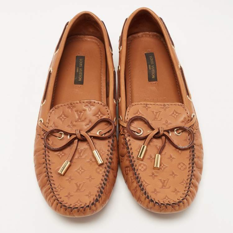 Pre Owned Louis Vuitton Brown Monogram Embossed Leather Gloria Loafers Size 38