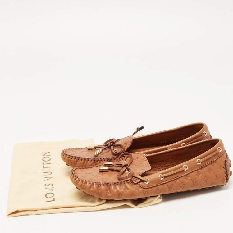 Pre Owned Louis Vuitton Brown Monogram Embossed Leather Gloria Loafers Size 38