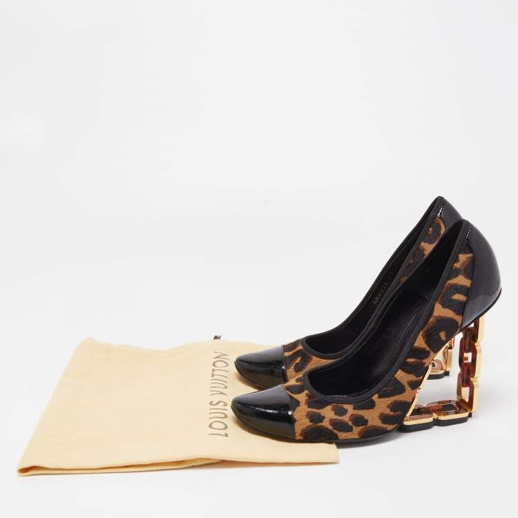 Pre Owned Louis Vuitton Tricolor Leopard Print Calf Hair and Patent Leather Wedge Pumps Size 39