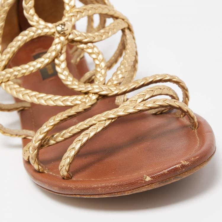 Pre Owned Louis Vuitton Gold Braided Leather Strappy Flat Sandals Size 37