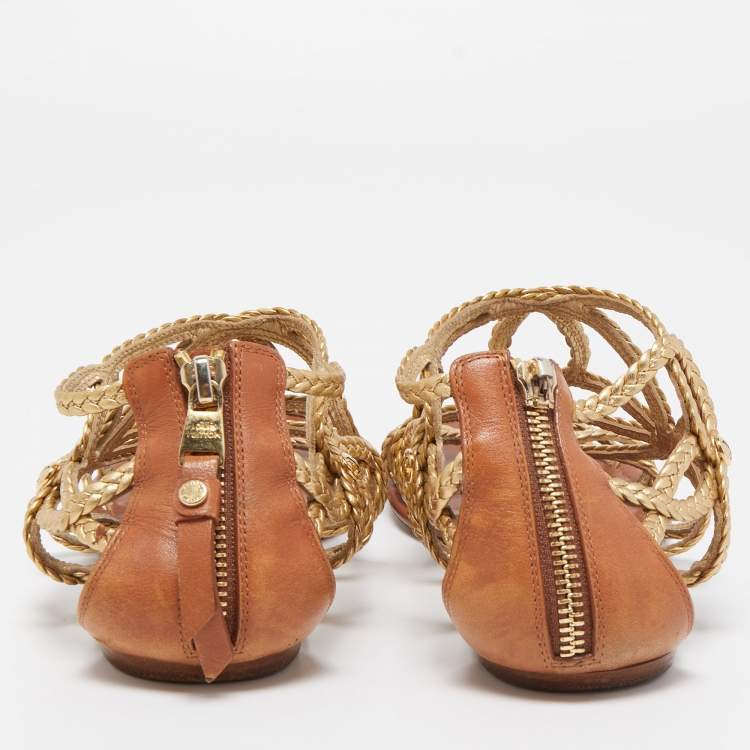 Pre Owned Louis Vuitton Gold Braided Leather Strappy Flat Sandals Size 37
