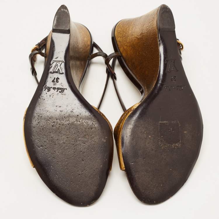 Pre Owned Louis Vuitton Metallic/Brown Leather and Patent Slingback Wedge Sandals Size 37