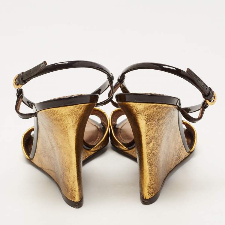 Pre Owned Louis Vuitton Metallic/Brown Leather and Patent Slingback Wedge Sandals Size 37