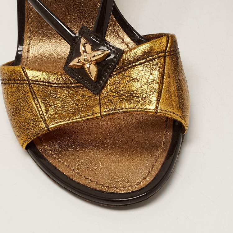 Pre Owned Louis Vuitton Metallic/Brown Leather and Patent Slingback Wedge Sandals Size 37