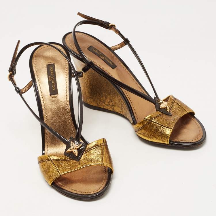 Pre Owned Louis Vuitton Metallic/Brown Leather and Patent Slingback Wedge Sandals Size 37