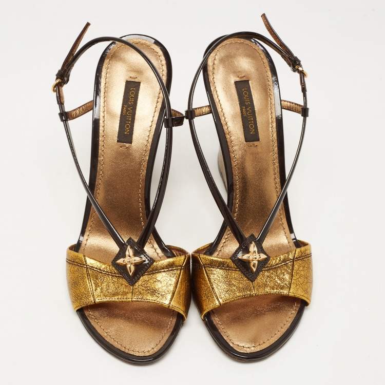 Pre Owned Louis Vuitton Metallic/Brown Leather and Patent Slingback Wedge Sandals Size 37