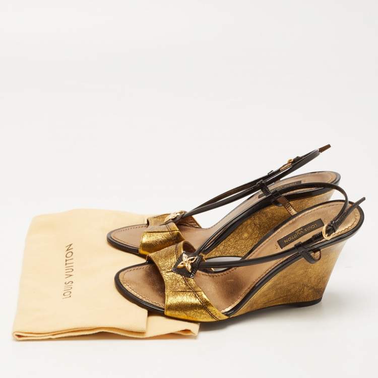 Pre Owned Louis Vuitton Metallic/Brown Leather and Patent Slingback Wedge Sandals Size 37