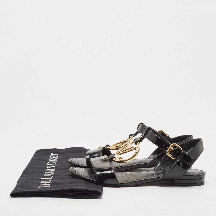 Pre Owned Louis Vuitton Black Patent Leather Logo Ankle Strap Flat Sandals Size 36