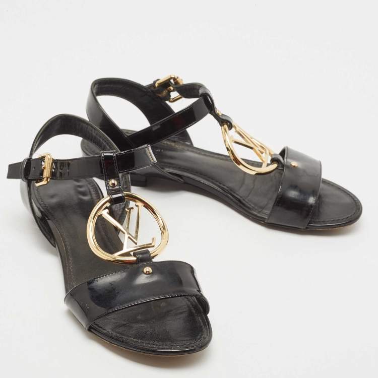 Pre Owned Louis Vuitton Black Patent Leather Logo Ankle Strap Flat Sandals Size 36