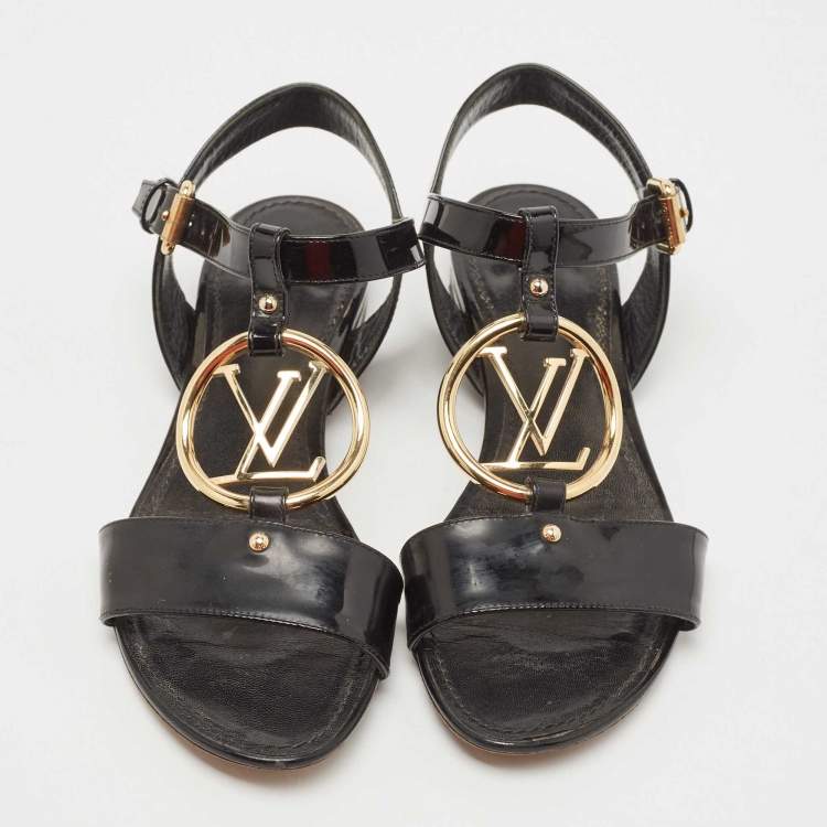 Pre Owned Louis Vuitton Black Patent Leather Logo Ankle Strap Flat Sandals Size 36