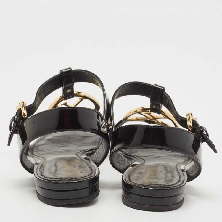 Pre Owned Louis Vuitton Black Patent Leather Logo Ankle Strap Flat Sandals Size 36