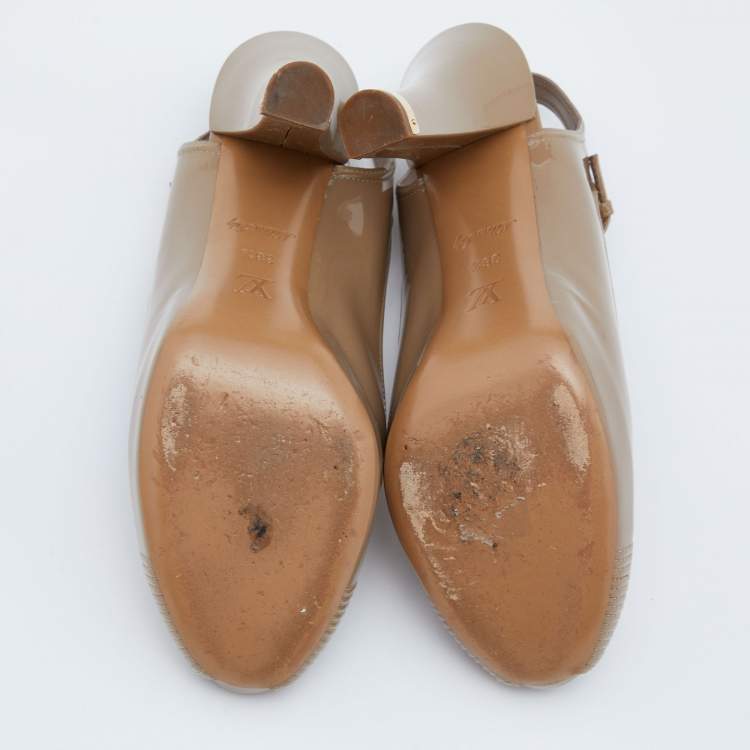 Pre Owned Louis Vuitton Beige Patent Leather Peep Toe T-Strap Slingback Pumps Size 38.5