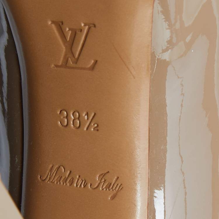 Pre Owned Louis Vuitton Beige Patent Leather Peep Toe T-Strap Slingback Pumps Size 38.5