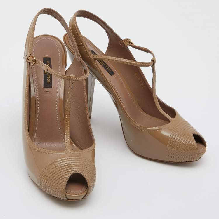Pre Owned Louis Vuitton Beige Patent Leather Peep Toe T-Strap Slingback Pumps Size 38.5