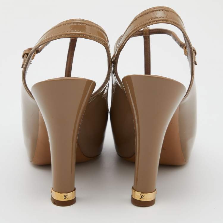 Pre Owned Louis Vuitton Beige Patent Leather Peep Toe T-Strap Slingback Pumps Size 38.5