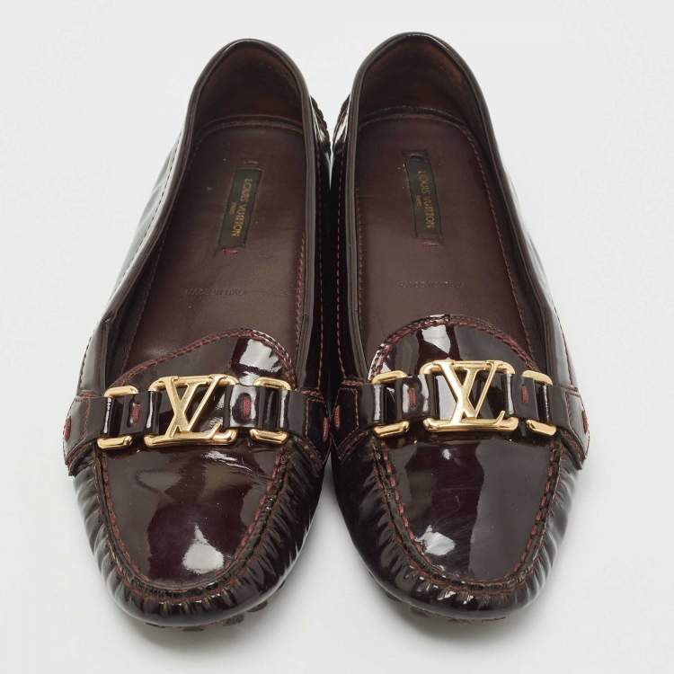 Pre Owned Louis Vuitton Burgundy Patent Leather Oxford Slip On Loafers Size 38.5