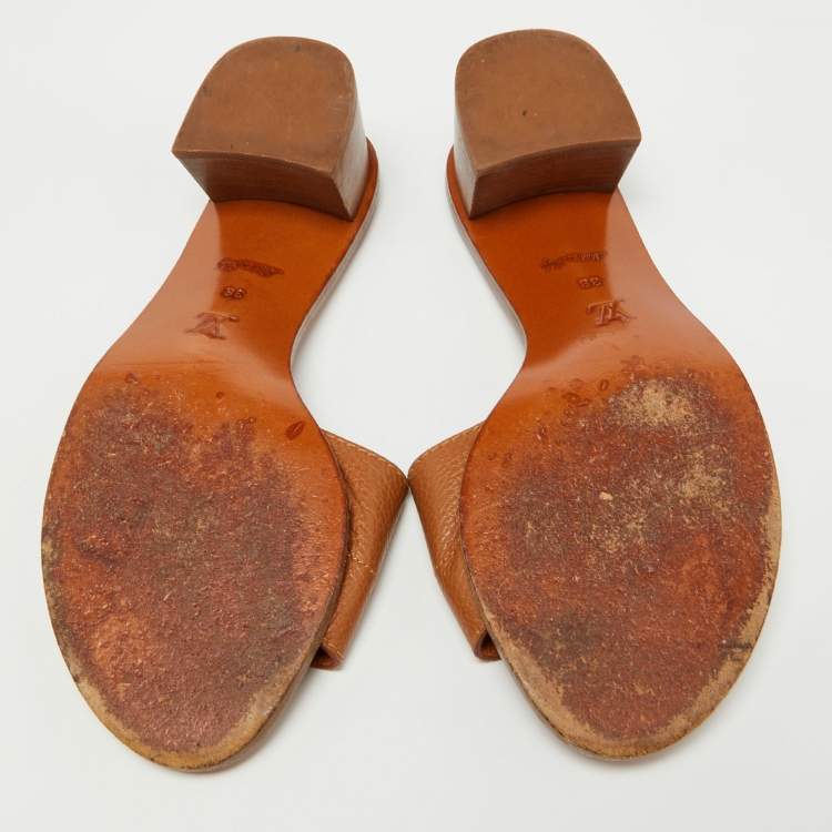 مملوكة مسبقًا Louis Vuitton Brown Leather Lock It Slide Sandals Size 38