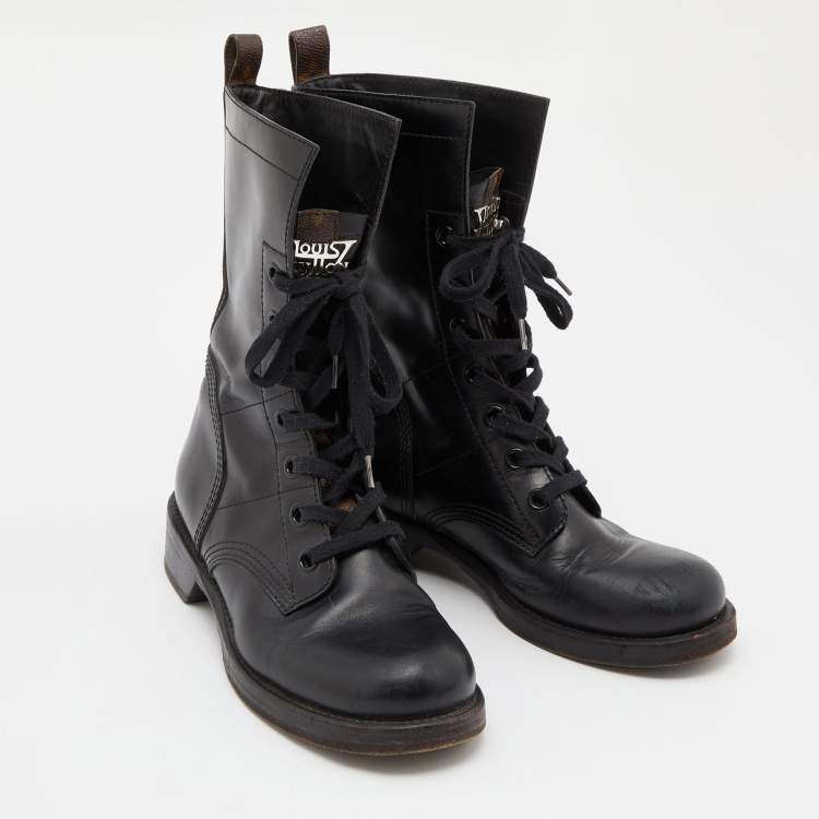 Pre Owned Louis Vuitton Black Leather and Monogram Canvas Lace Up Ankle Boots Size 38