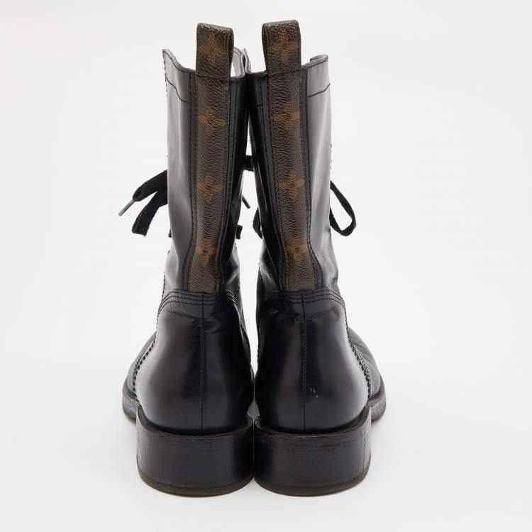 Pre Owned Louis Vuitton Black Leather and Monogram Canvas Lace Up Ankle Boots Size 38