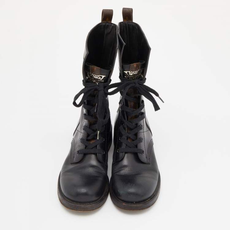 Pre Owned Louis Vuitton Black Leather and Monogram Canvas Lace Up Ankle Boots Size 38