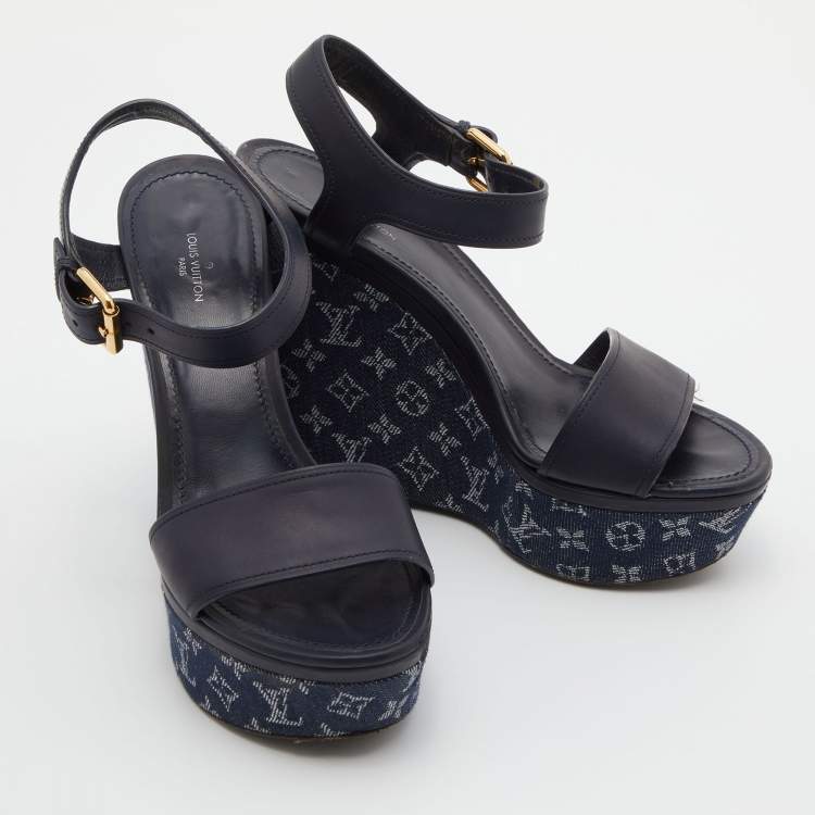 Pre Owned Louis Vuitton Navy Blue Leather and Monogram Denim Waterfall Sandals Size 38.5