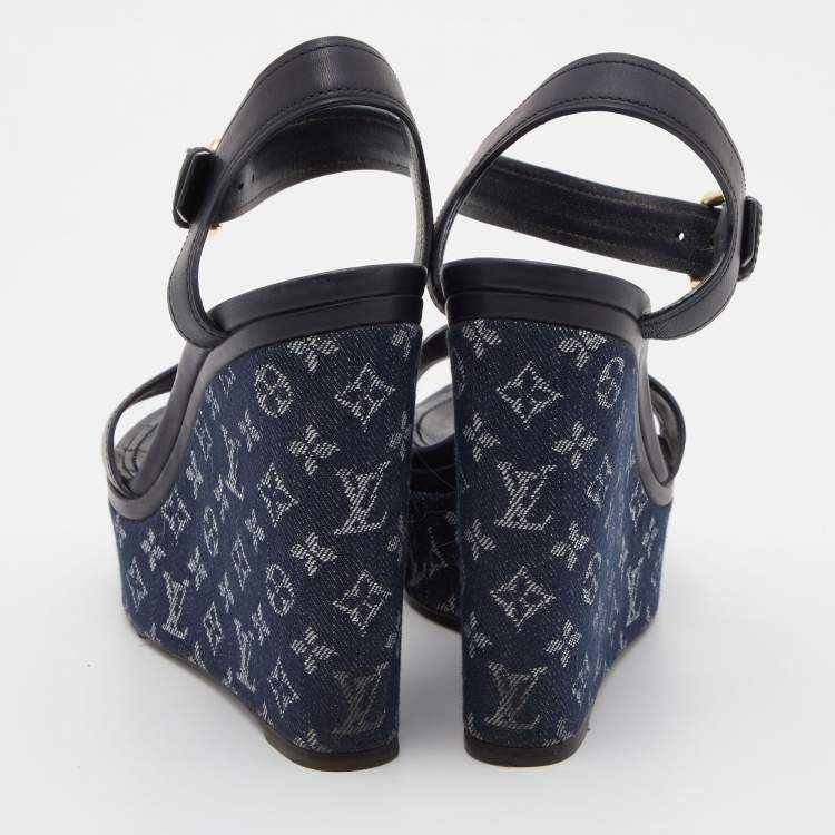 Pre Owned Louis Vuitton Navy Blue Leather and Monogram Denim Waterfall Sandals Size 38.5