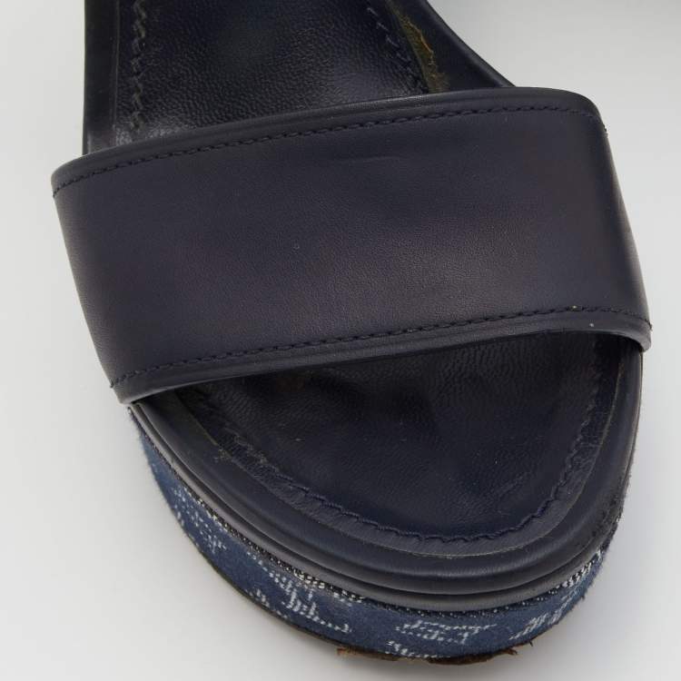 Pre Owned Louis Vuitton Navy Blue Leather and Monogram Denim Waterfall Sandals Size 38.5