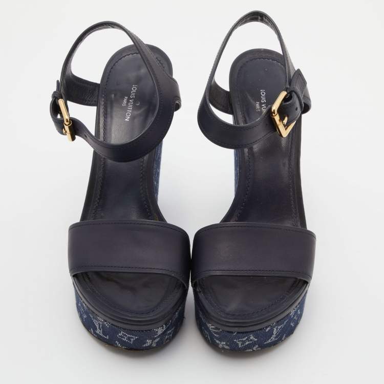 Pre Owned Louis Vuitton Navy Blue Leather and Monogram Denim Waterfall Sandals Size 38.5