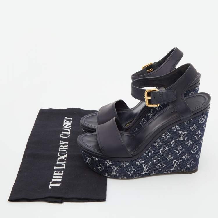Pre Owned Louis Vuitton Navy Blue Leather and Monogram Denim Waterfall Sandals Size 38.5