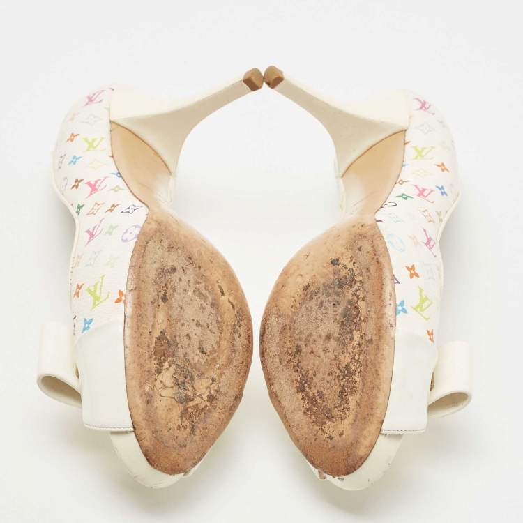 Pre Owned Louis Vuitton White Monogram Canvas and Patent Leather Bow Peep Toe Pumps Size 38.5