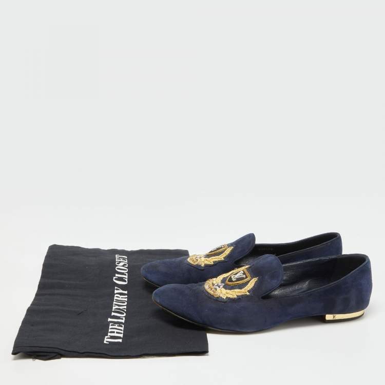 Pre Owned Louis Vuitton Navy Blue Suede Embroidered Smoking Slippers Size 38