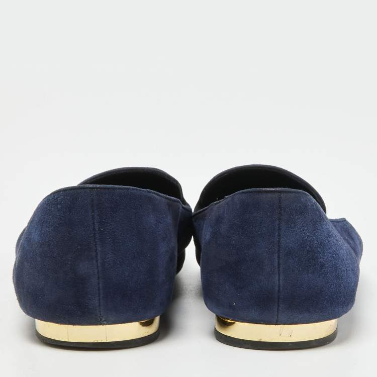 Pre Owned Louis Vuitton Navy Blue Suede Embroidered Smoking Slippers Size 38